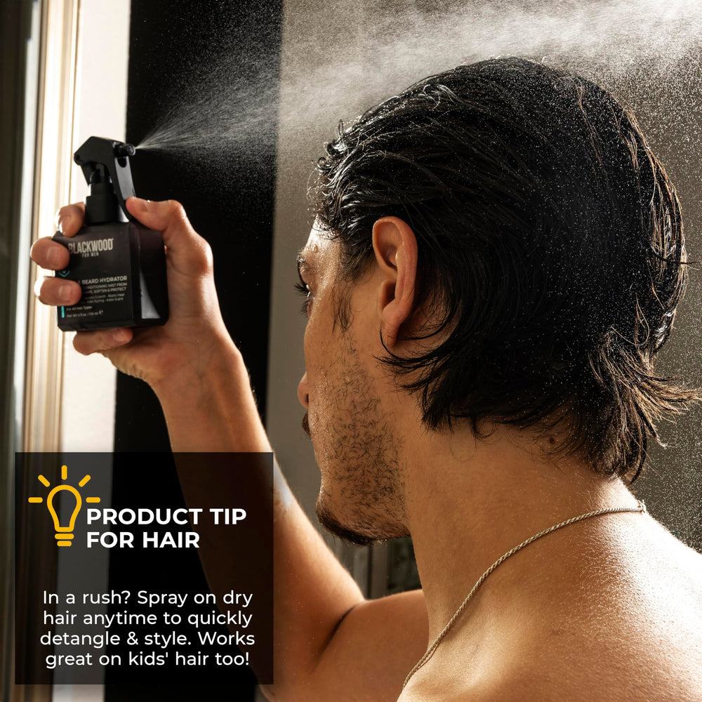Blackwood For Men hydrator spray being worked through hair for styling