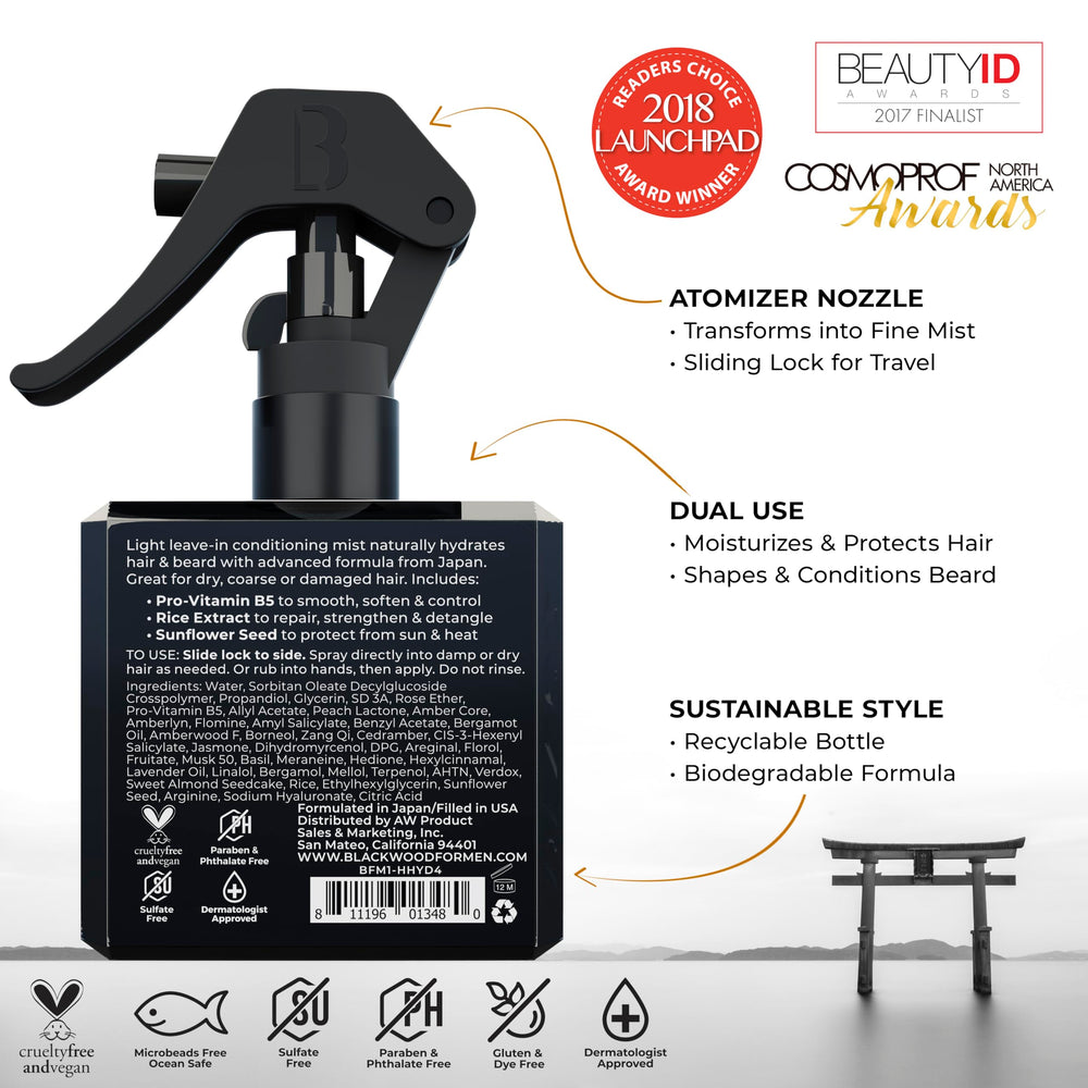 Blackwood For Men hydrator spray mist being applied to beard for soft texture