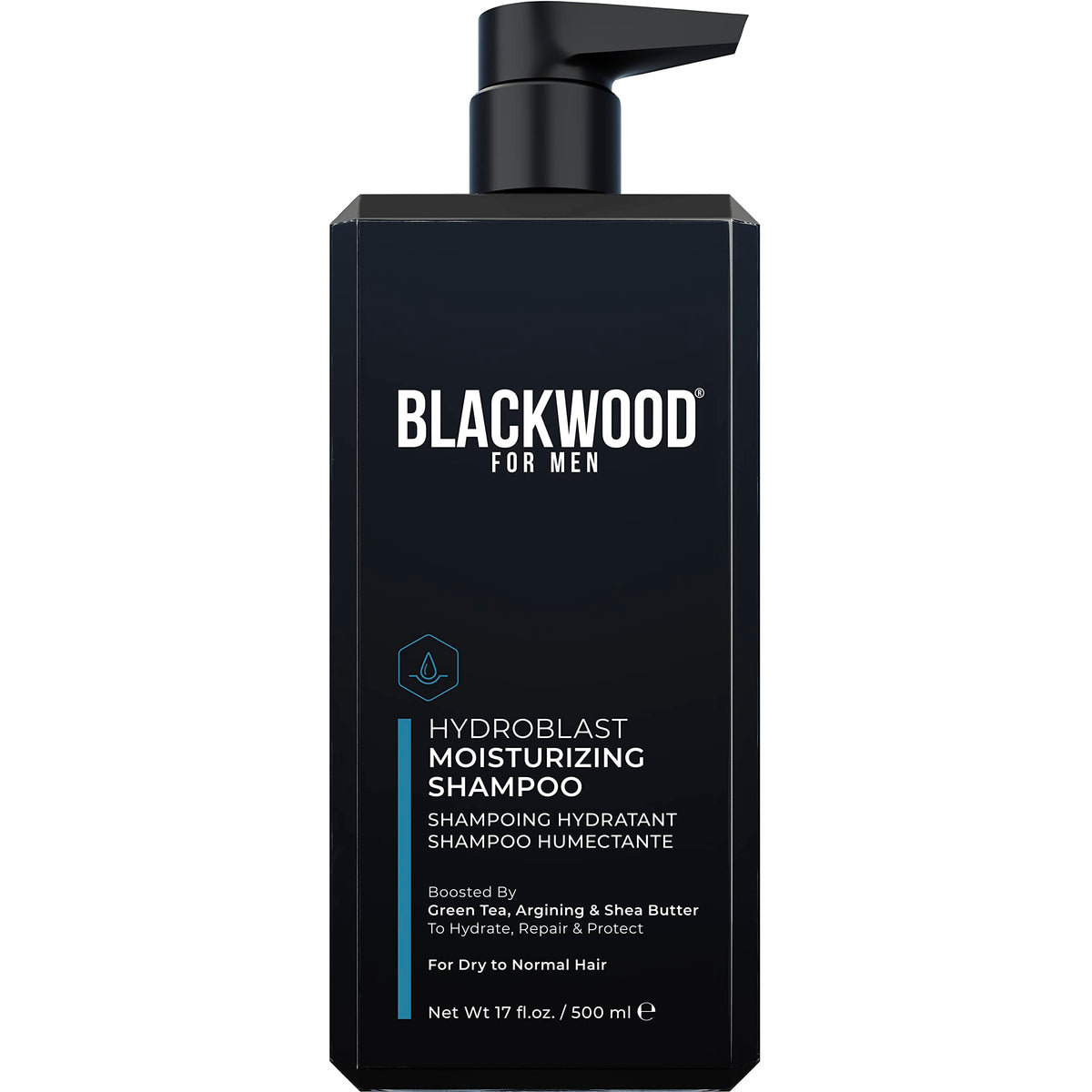 Blackwood For Men Hydroblast botella: champú hidratante para cabello rizado y seco.
