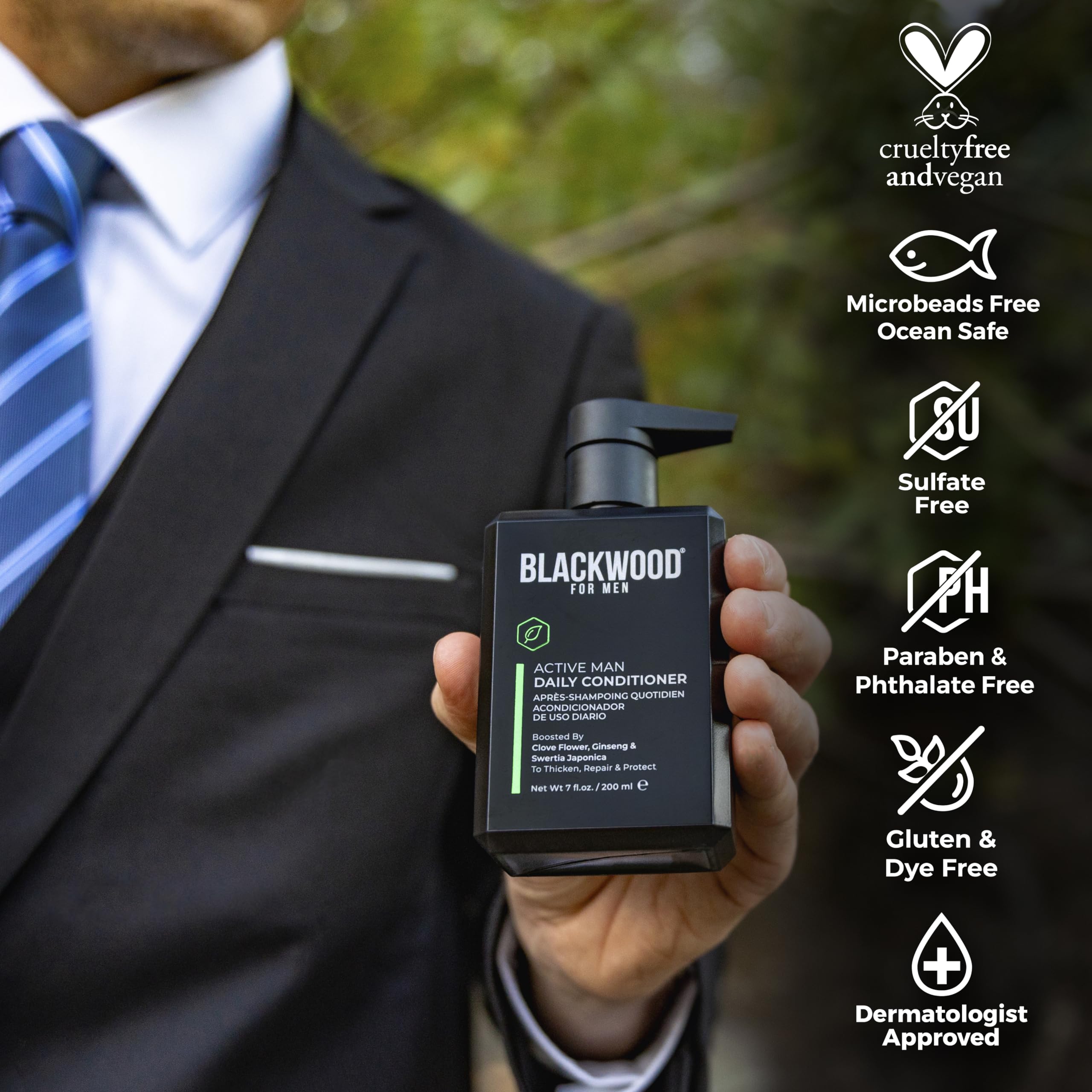 Aplicación suave en el cuero cabelludo con Blackwood para nutrir diariamente.