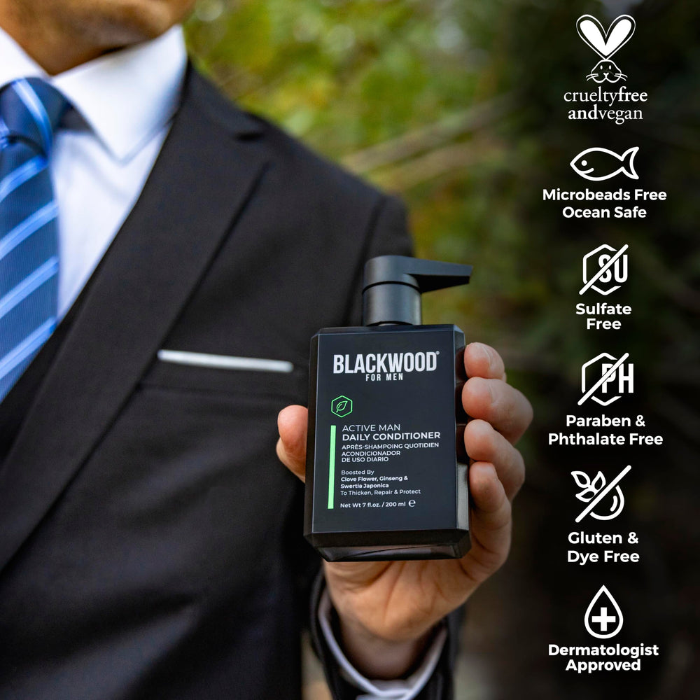 Aplicación suave en el cuero cabelludo con Blackwood para nutrir diariamente.