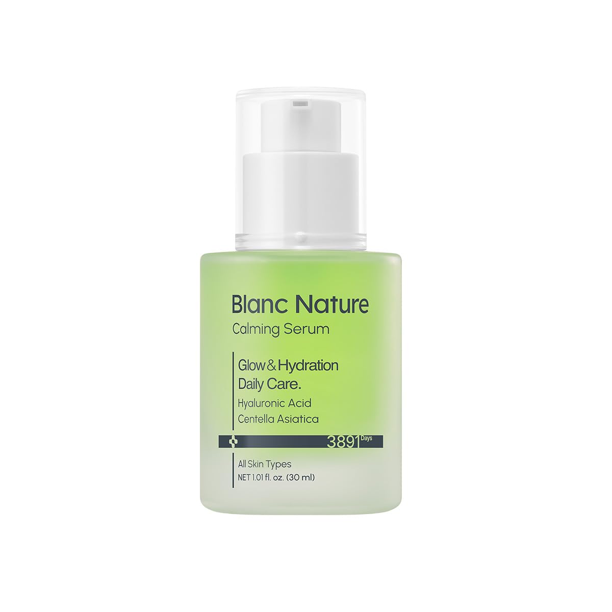 Blanc Nature Calming Serum bottle closeup for hydrated, balanced skin.