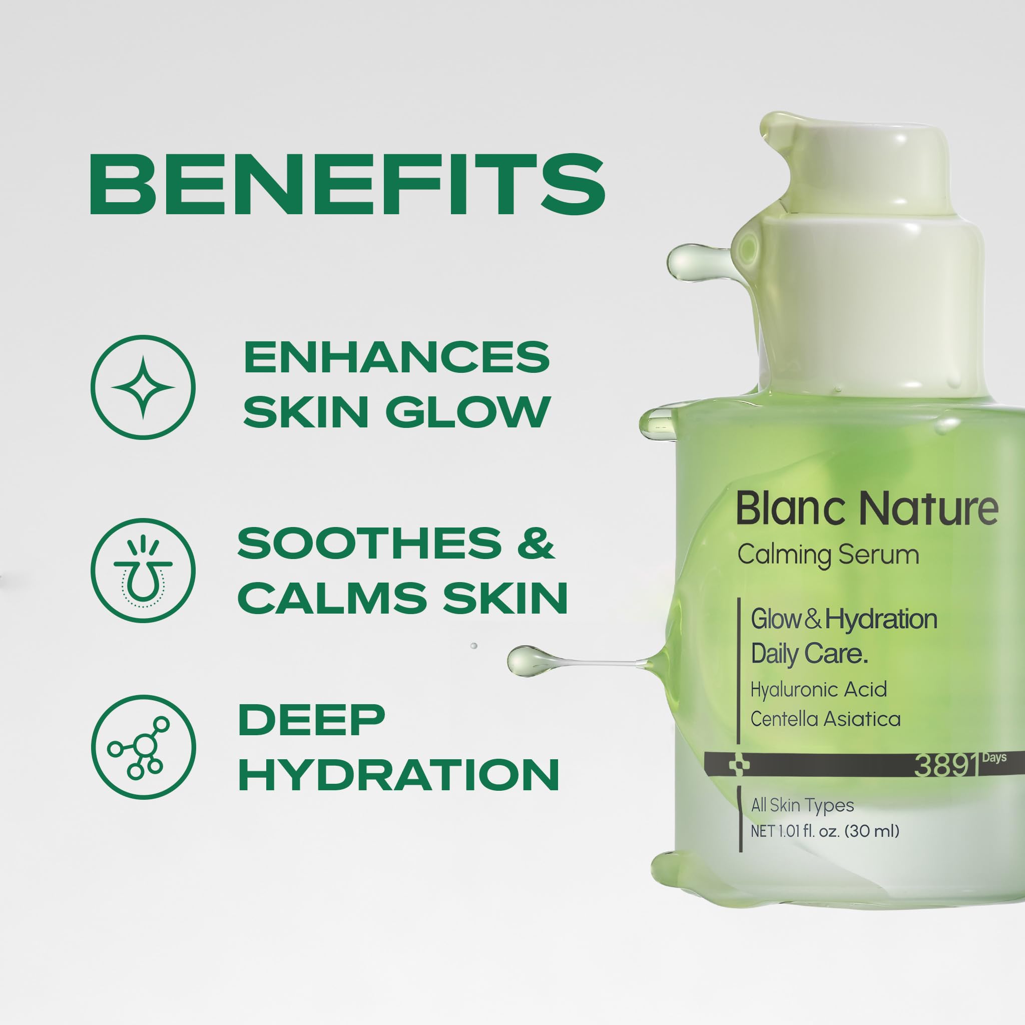 Blanc Nature Calming Serum hand application shows quick absorption for fresh skin.