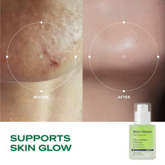 Blanc Nature Calming Serum texture swirls on skin for plump hydration.