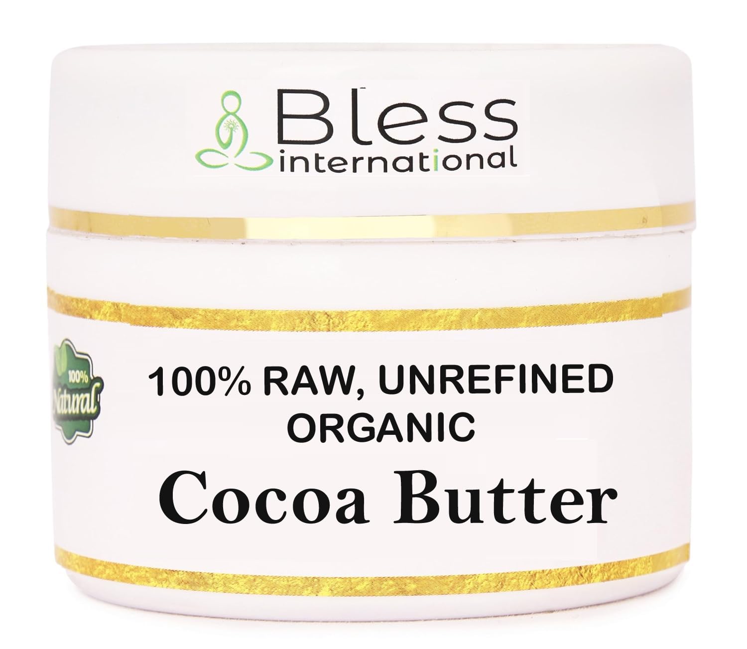 Bless International Organic Raw Cocoa Butter 4oz jar closeup shows a creamy texture for skin hydration.