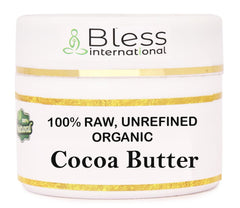Bless International Organic Raw Cocoa Butter 4oz jar closeup shows a creamy texture for skin hydration.