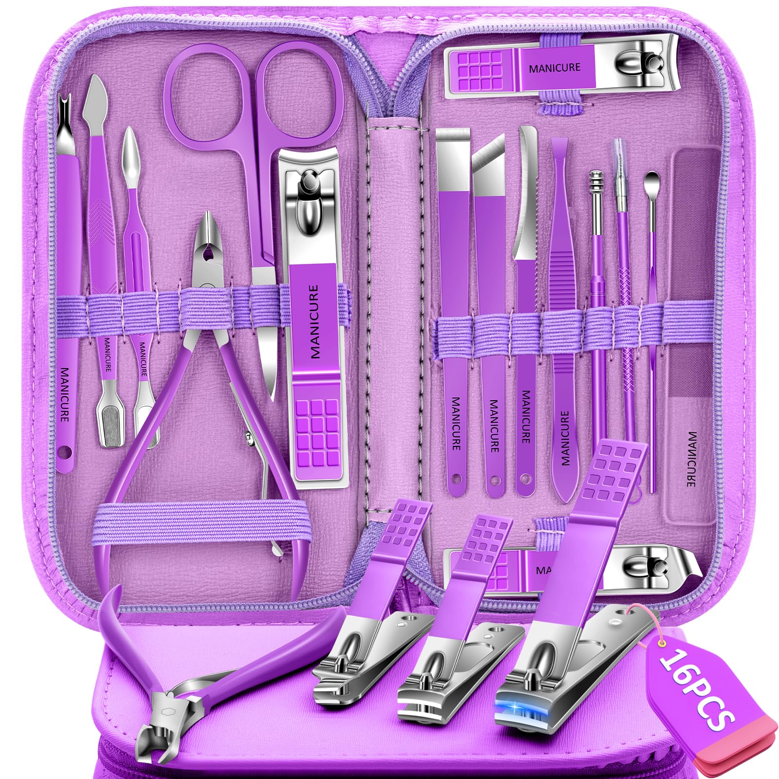 BLESWIN manicure set 16pcs in a compact case for travel-ready grooming.