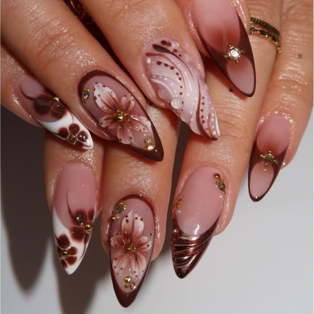 BLGTGH brown glossy nails with 5D charms for quick stylish upgrades.