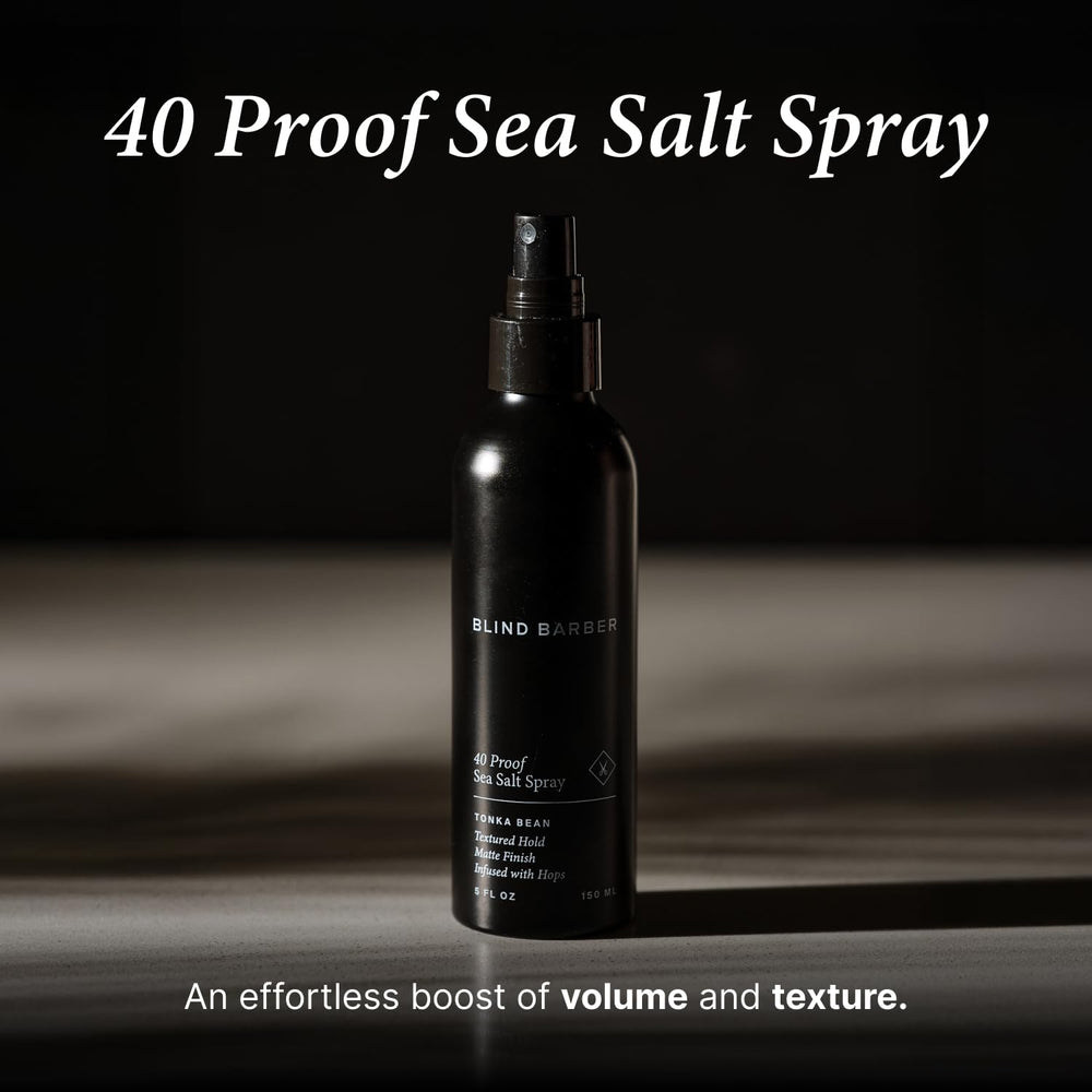 Blind Barber 40 Proof Sea Salt Spray: aplicación desde raíces para ondas playeras.