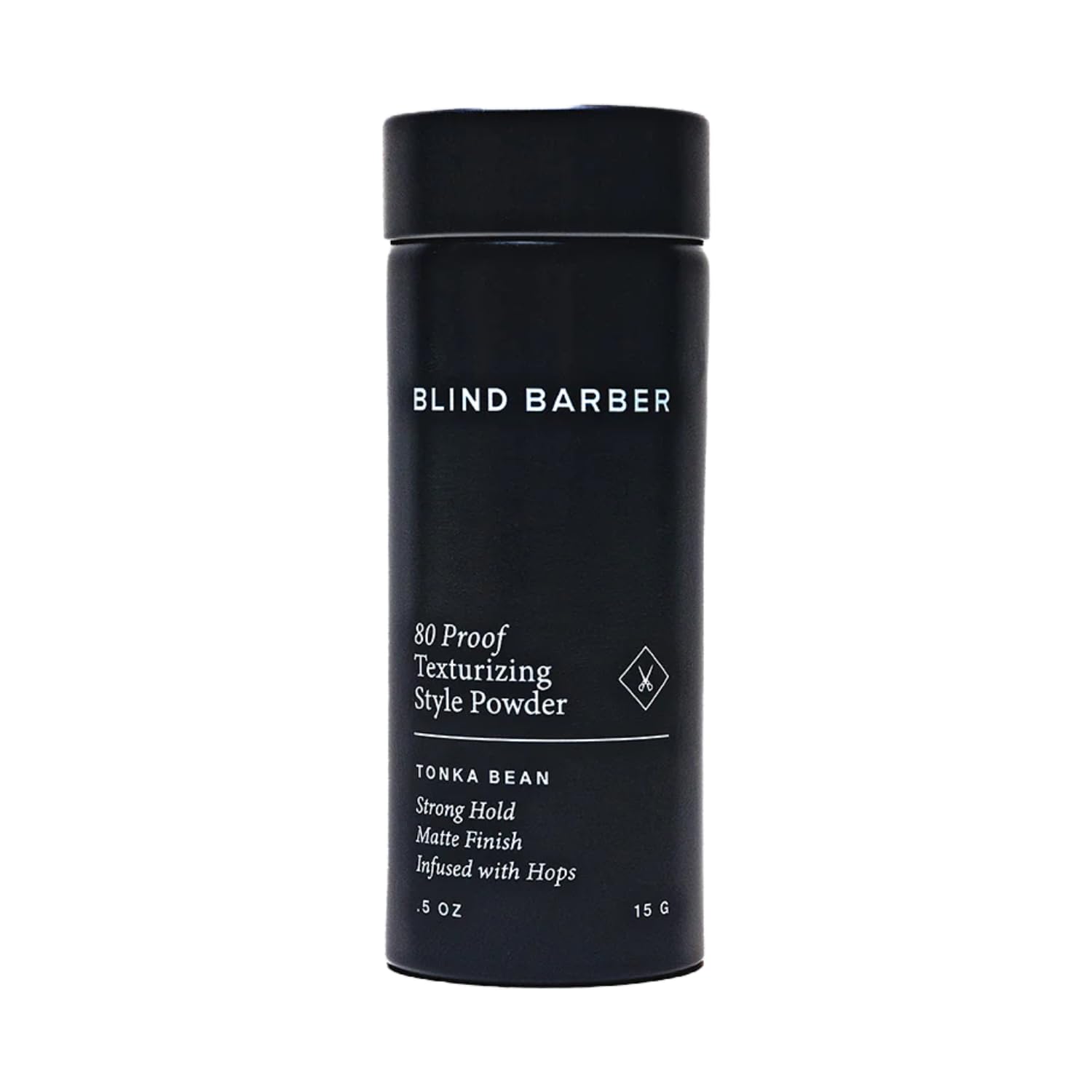 Blind Barber 80 Proof Powder sobre la botella para volumen ligero y acabado mate