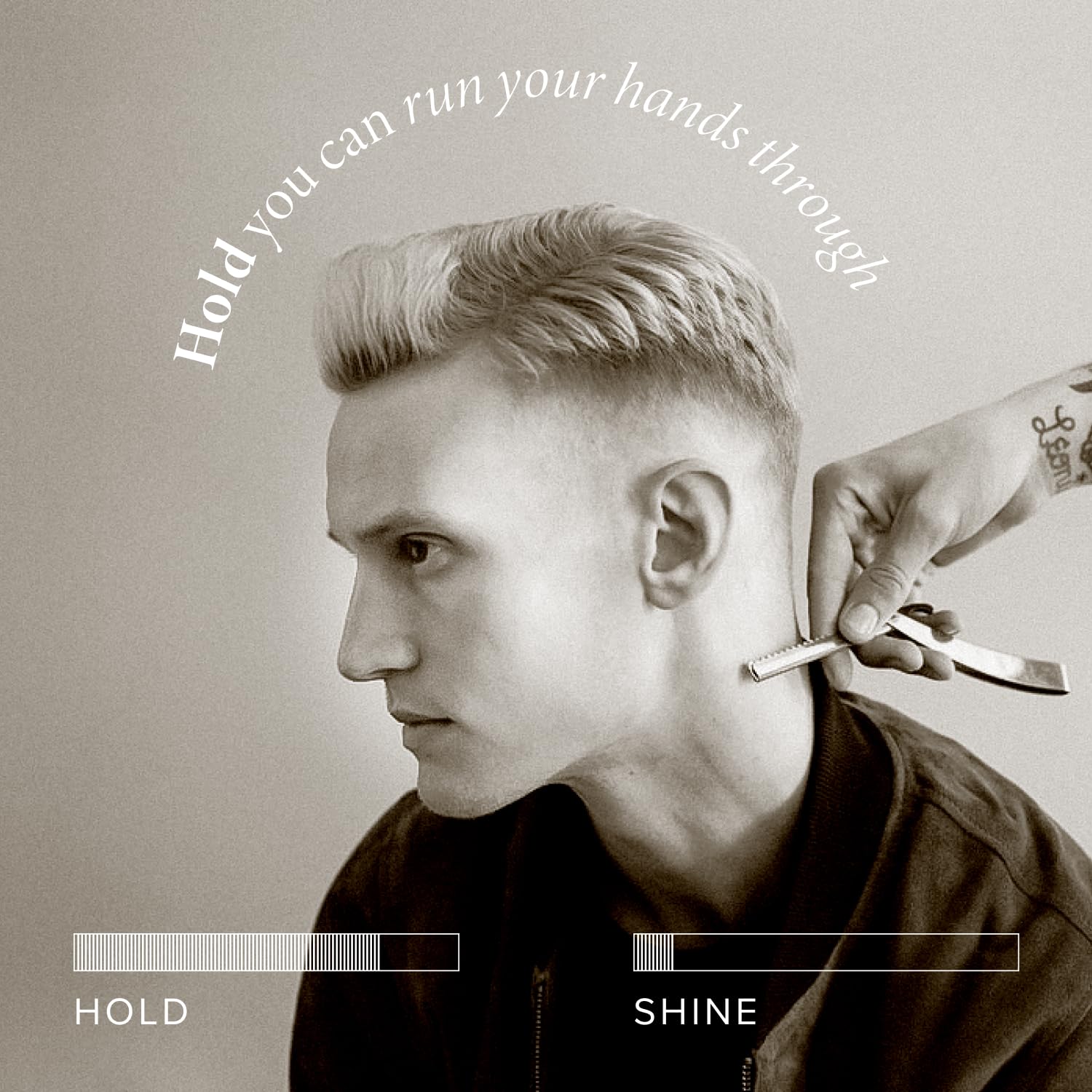 Hair styled with Blind Barber 90 Proof for a natural matte finish.