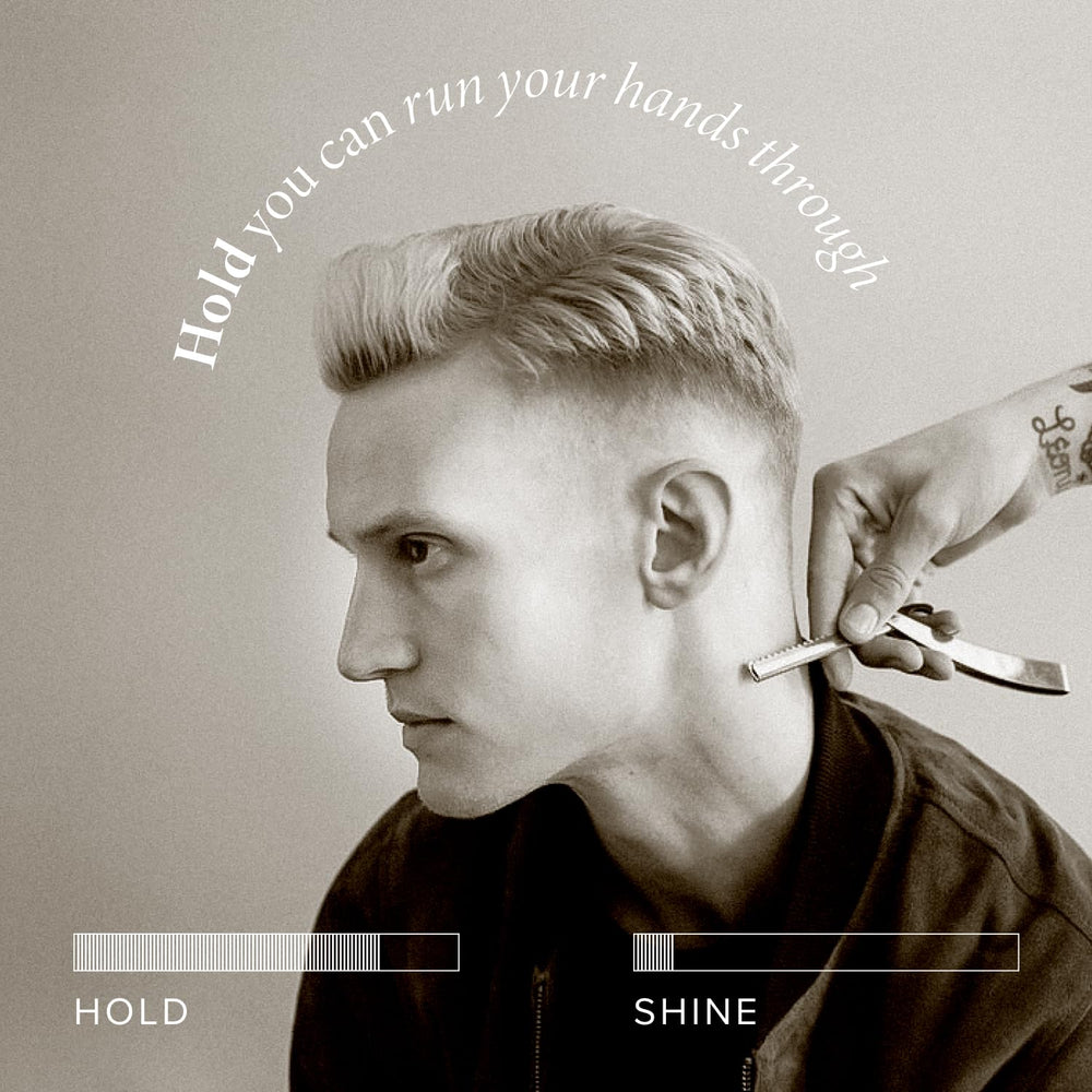 Hair styled with Blind Barber 90 Proof for a natural matte finish.