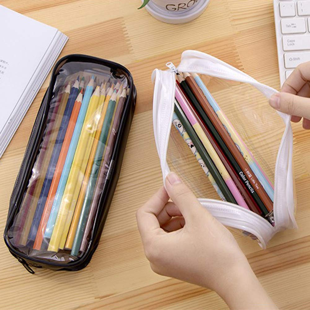 BlingKingdom clear PVC pencil bag opened to reveal interior capacity for pens and cosmetics.