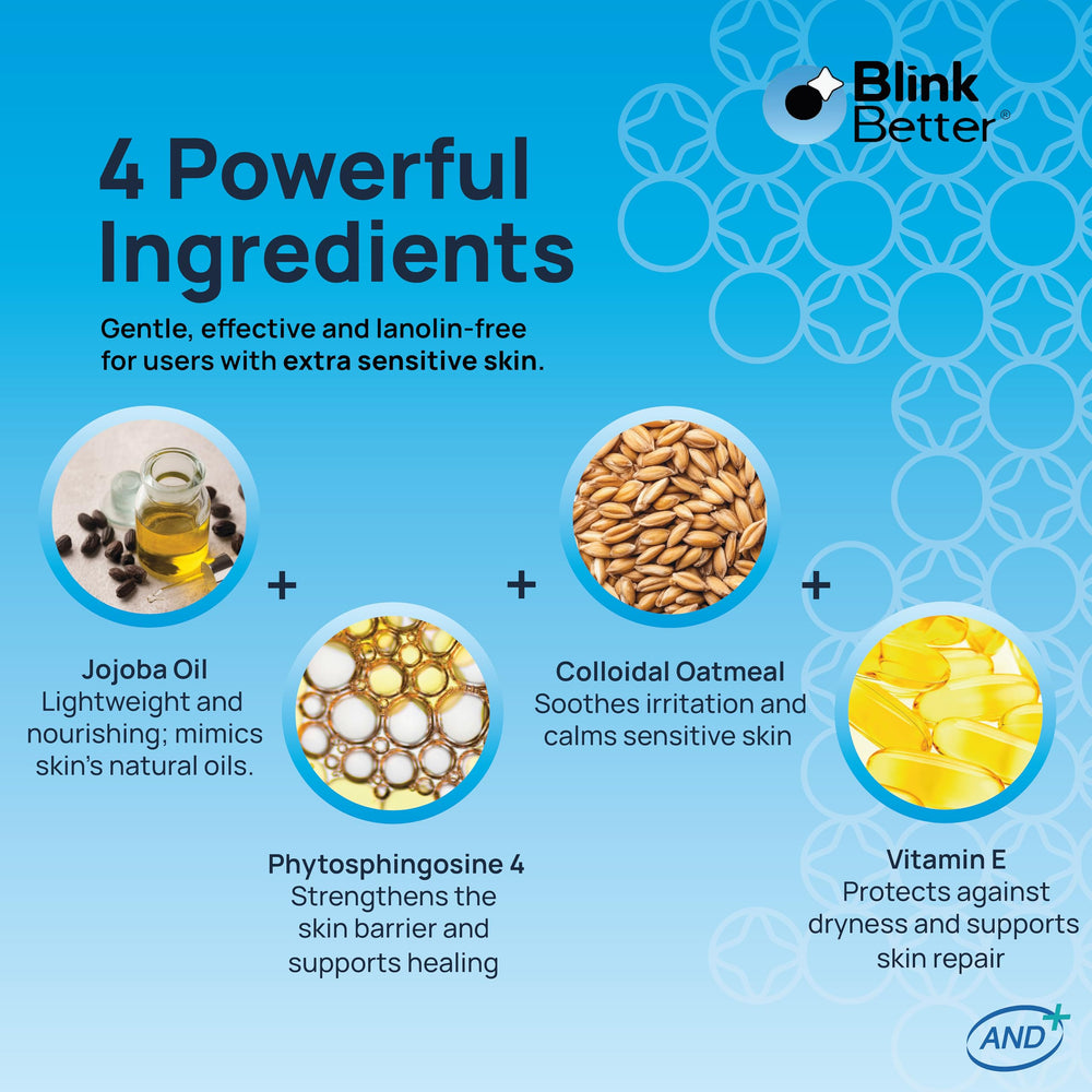 Aplicación diaria de BlinkBetter para párpados secos y sensibles, mantiene la hidratación.