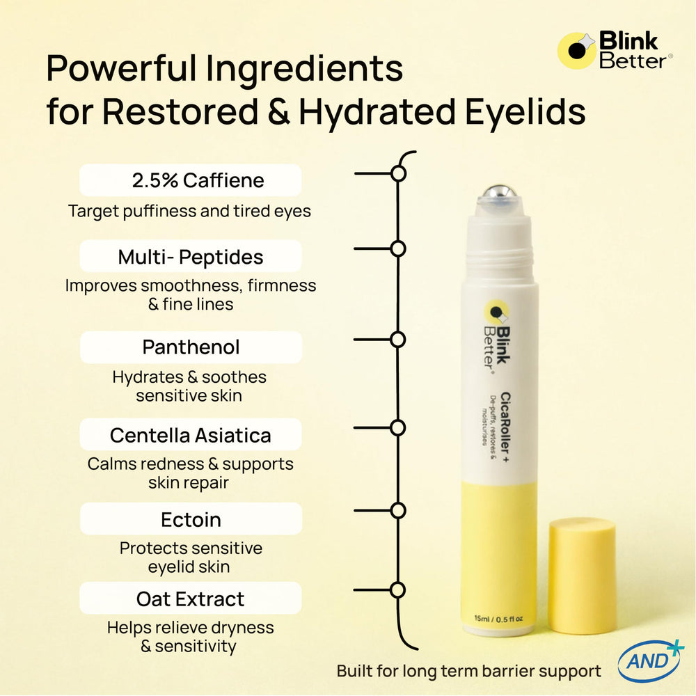 BlinkBetter CicaRoller aplicación diaria suave y precisa para el contorno de ojos.