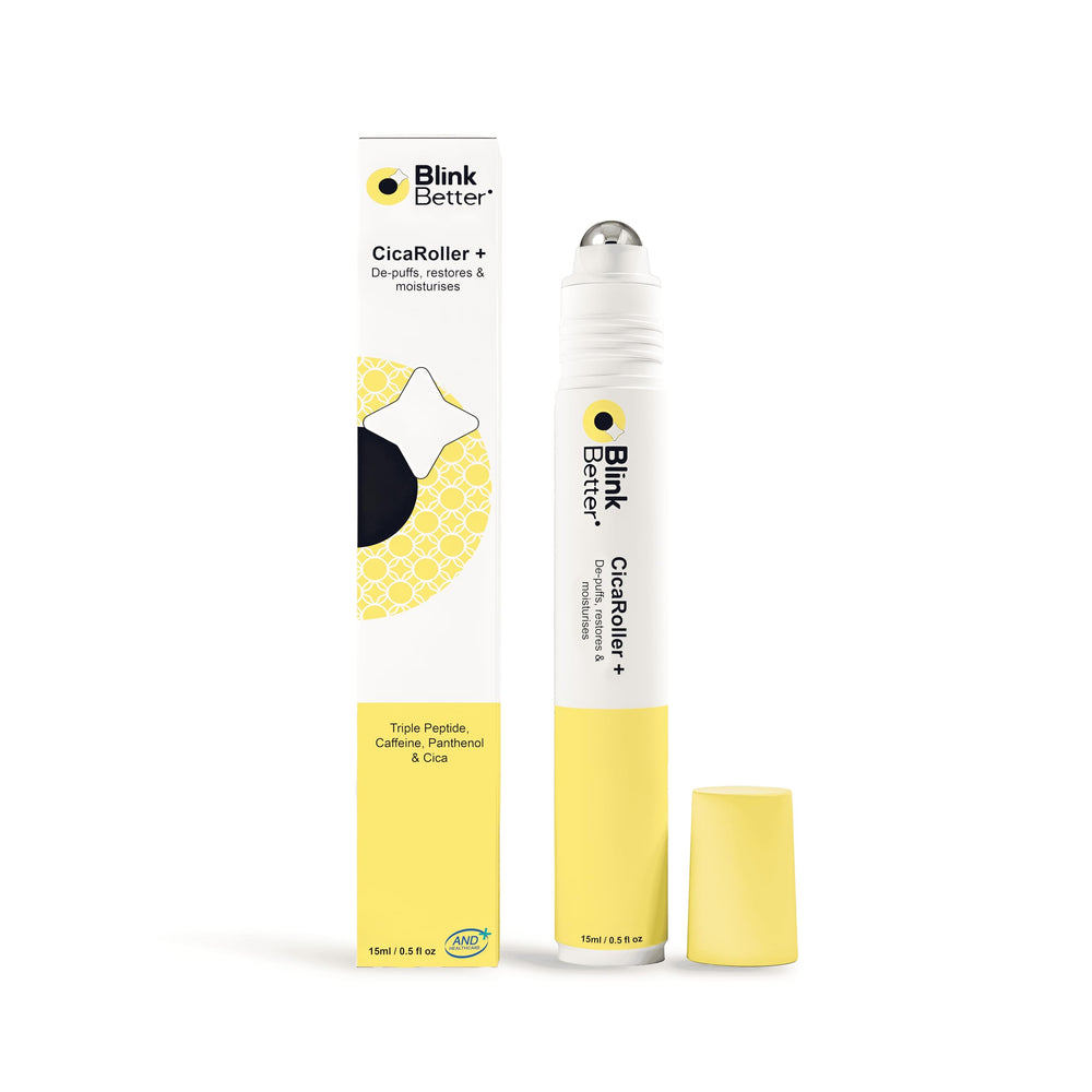 BlinkBetter CicaRoller envase de 15 ml, compacto y portátil para uso diario.