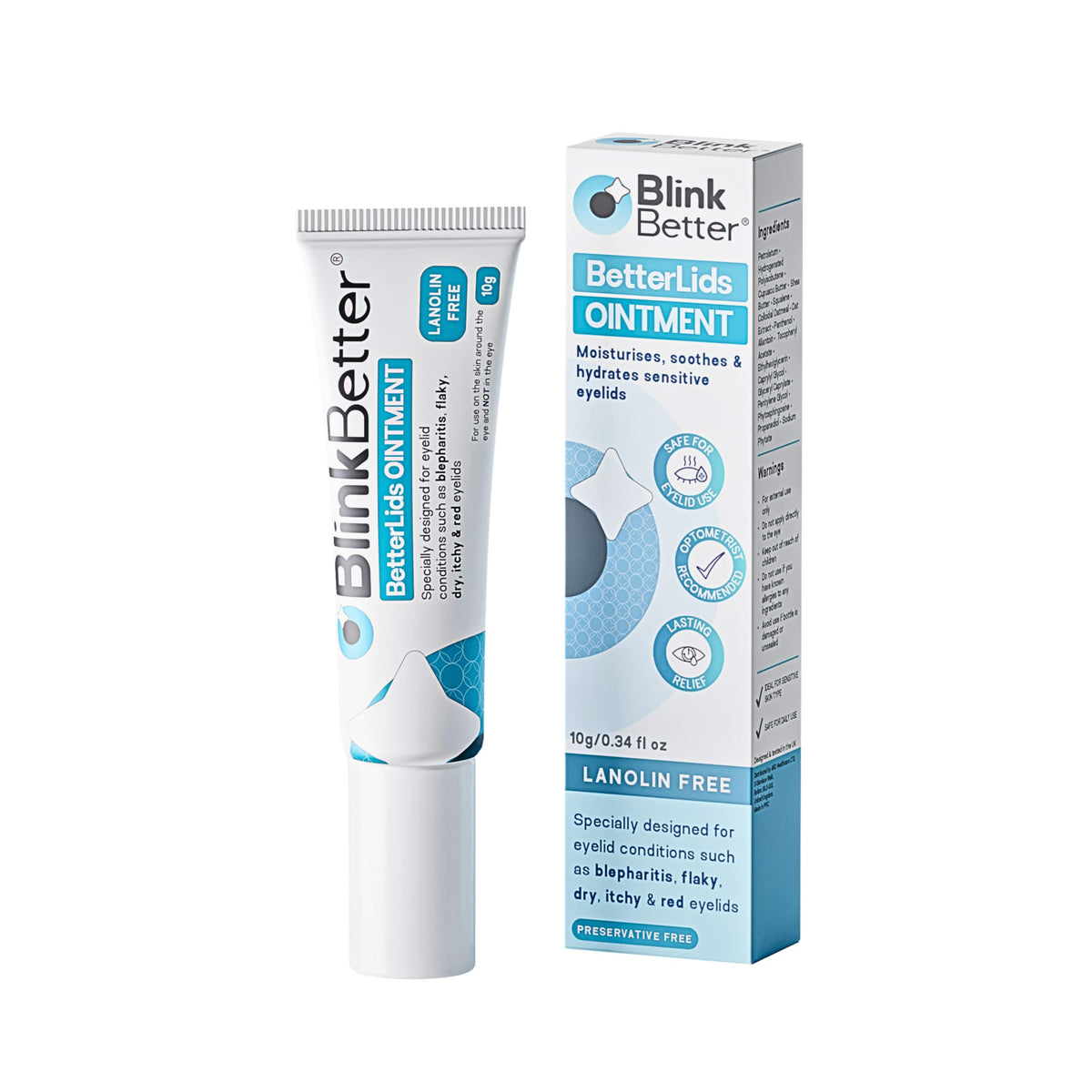 BlinkBetter pomada sin lanolina para párpados, envase de 10 g, hidratación suave.