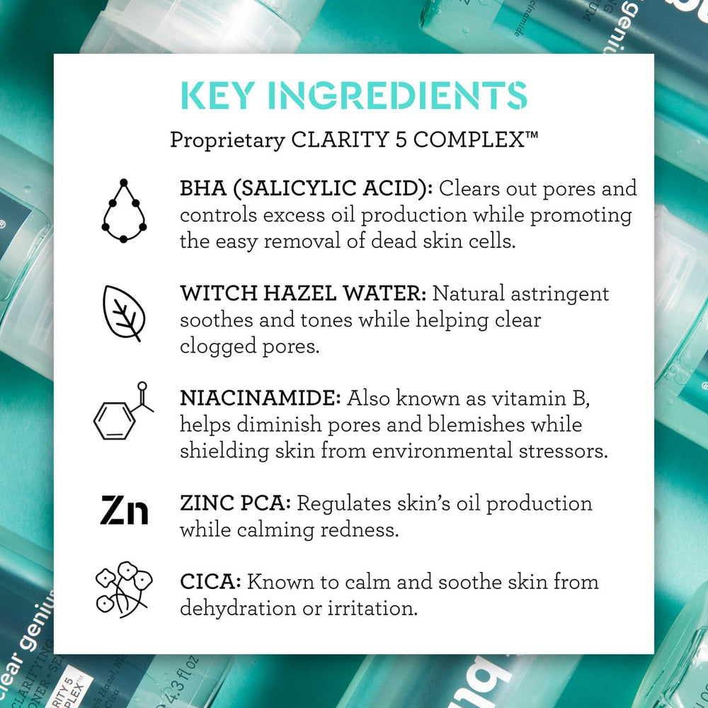 Bliss Clear Genius, imagen de ingredientes Complejo Claridad 5 para poros limpios.