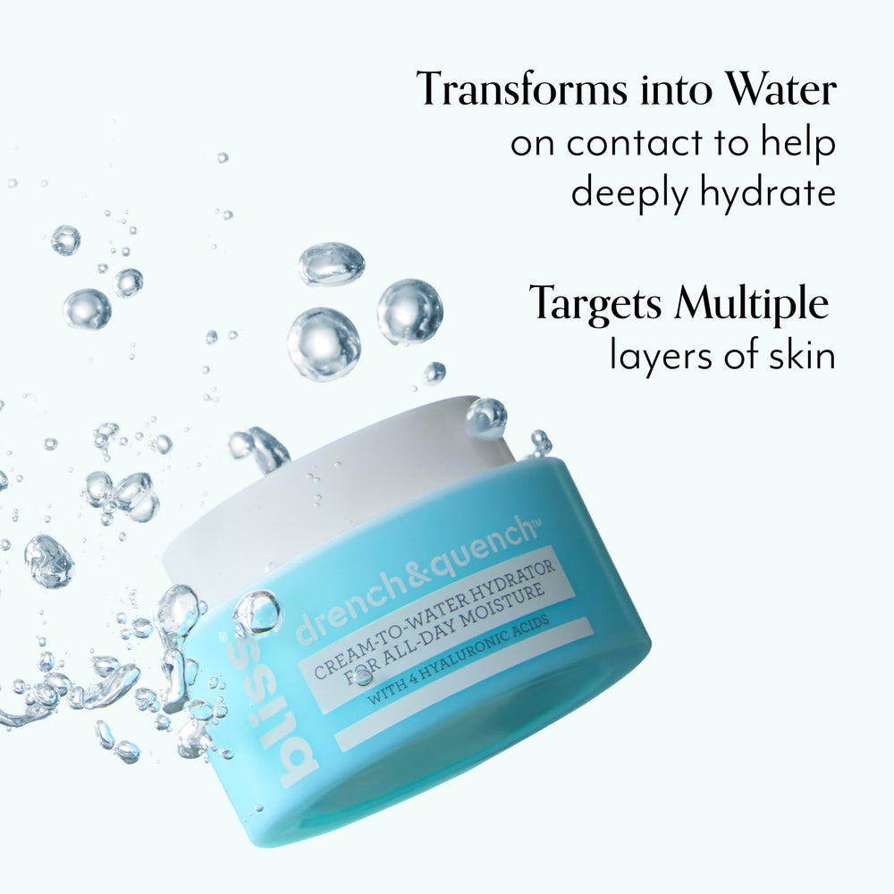 Bliss Drench & Quench four hyaluronic acid weights targeting multiple skin layers.