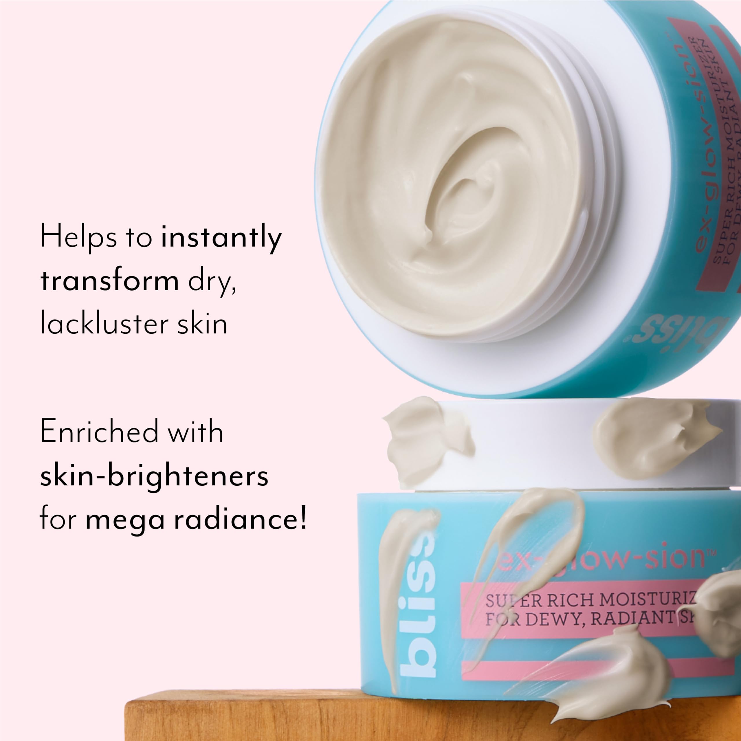 Bliss Ex-glow-sion cream swirl highlights creamy texture ideal for fast moisture and glow.