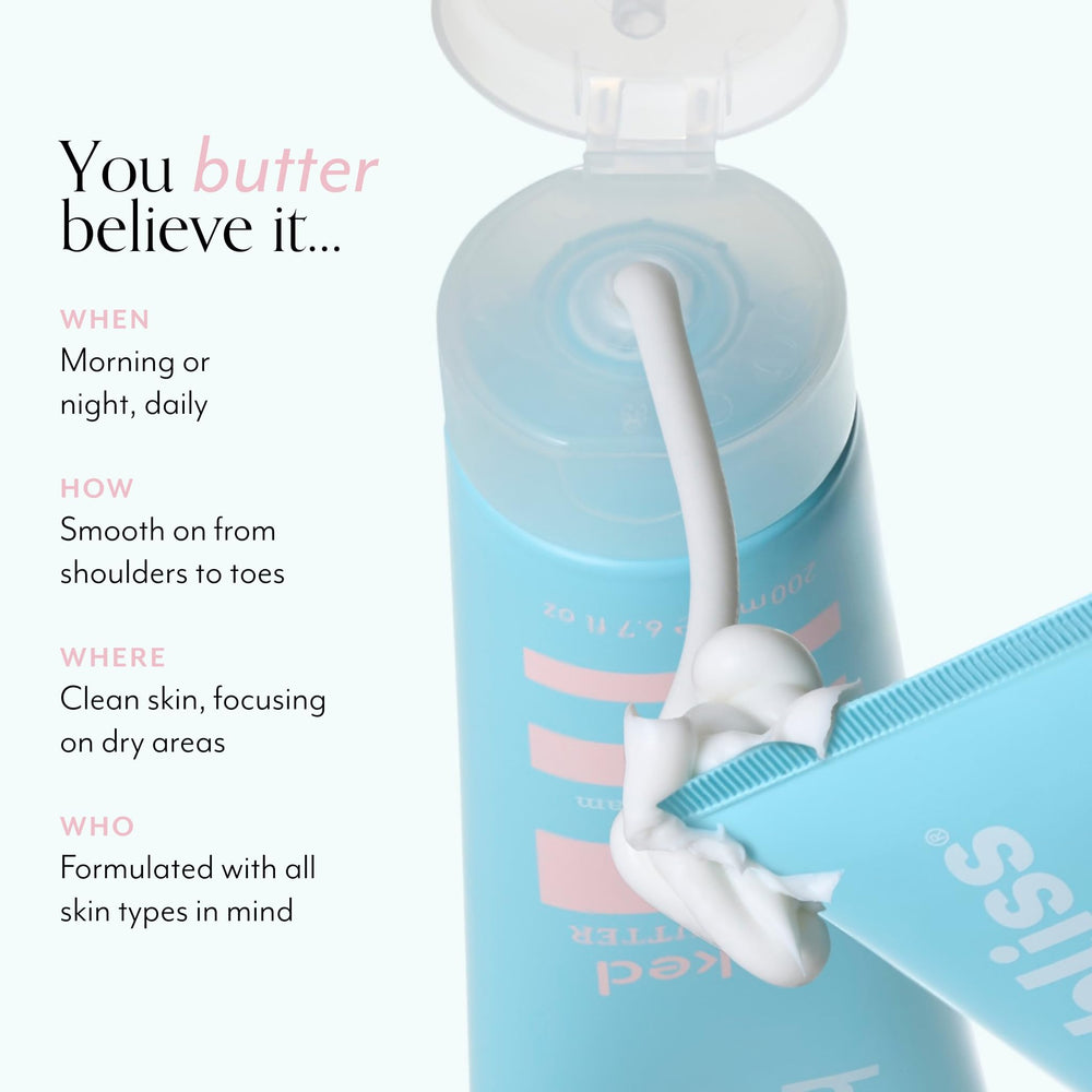 Fragrance-free label on Bliss Naked Body Butter for sensitive skin care.