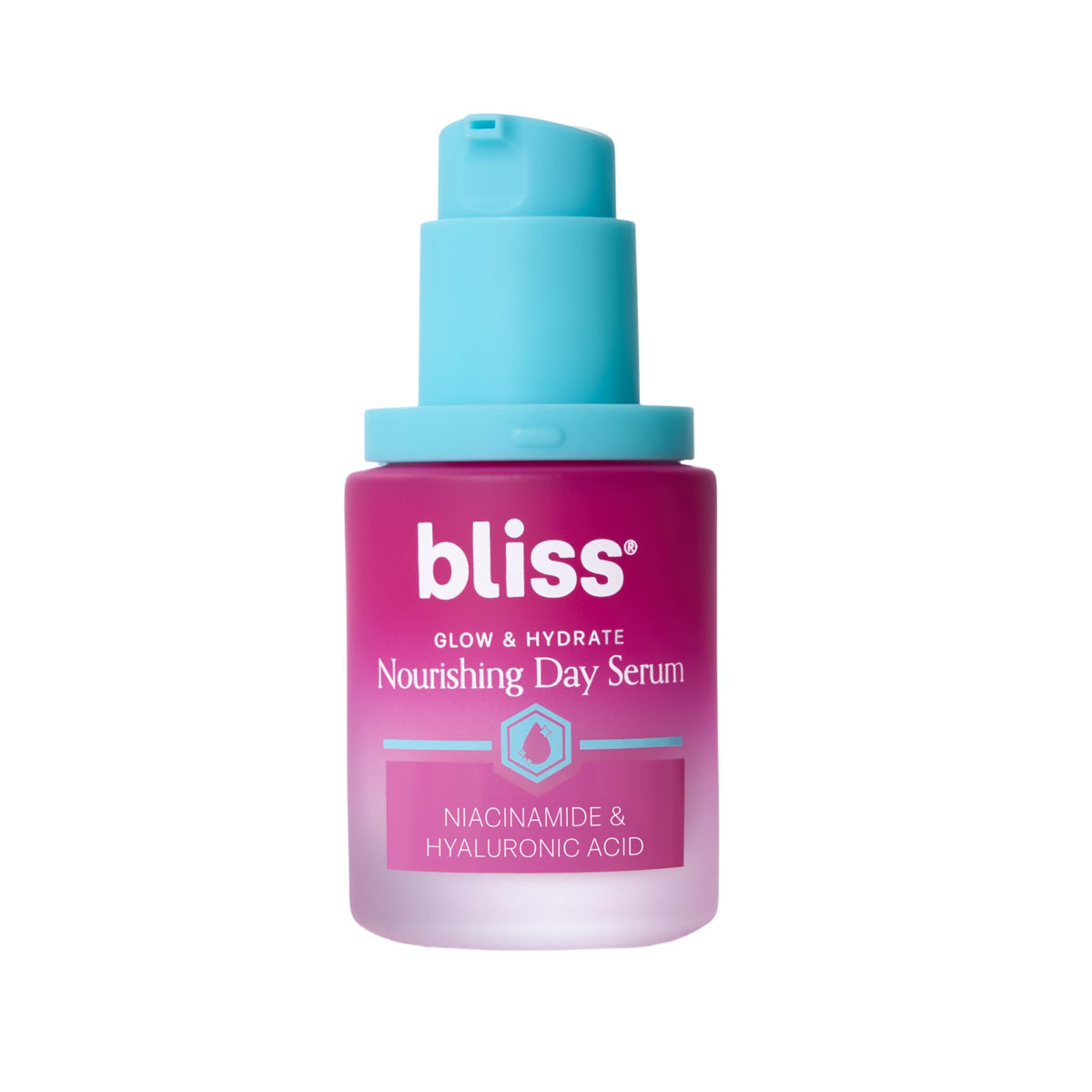 Bliss Glow & Hydrate Serum bottle front, showcasing vegan formula for radiant skin.