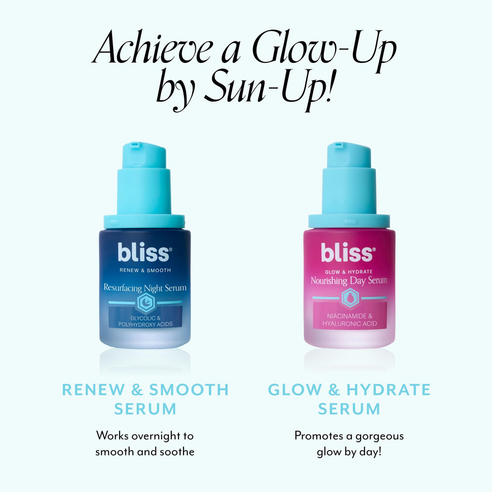 Bliss Glow & Hydrate Serum clean vegan packaging, cruelty-free beauty choice.