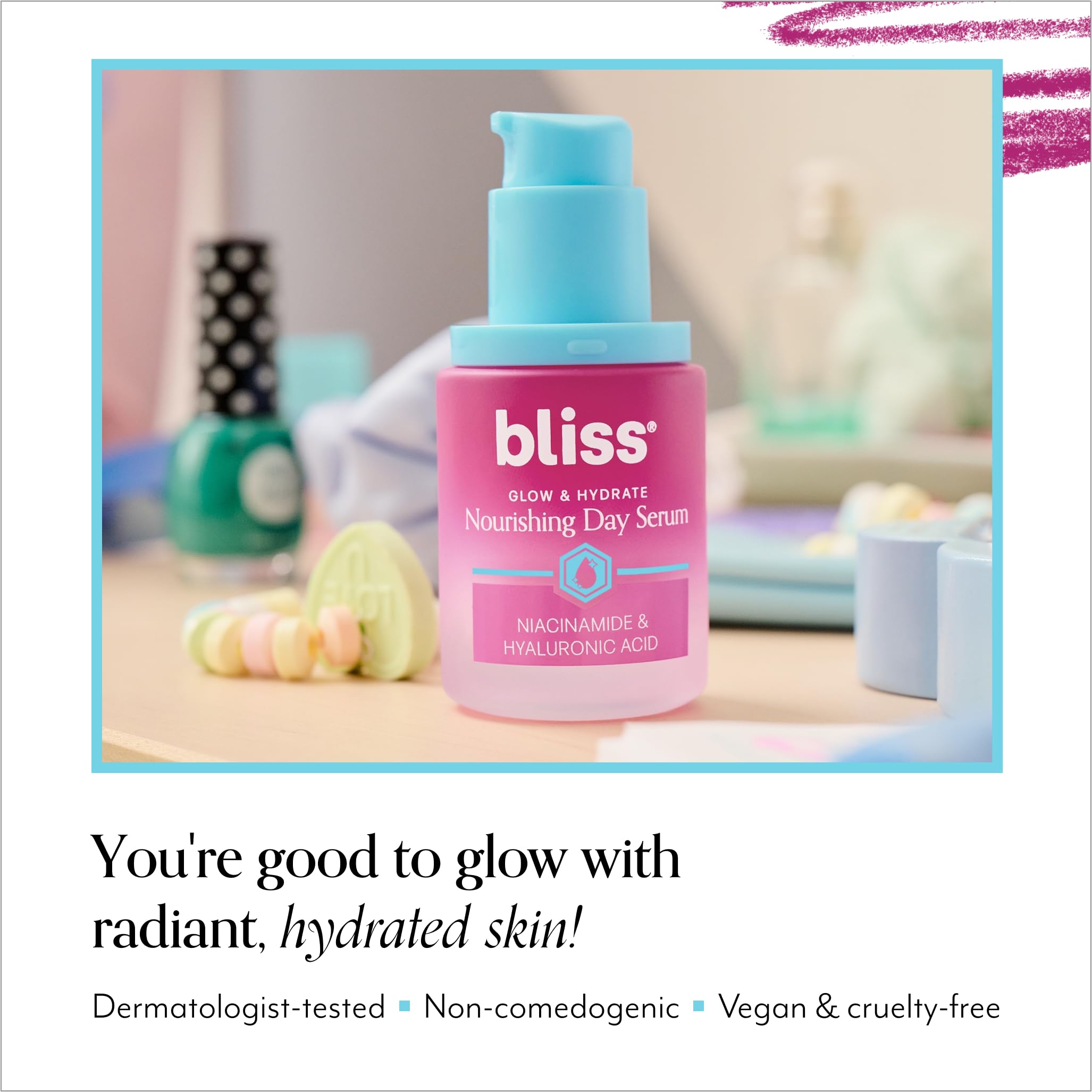 Bliss Glow & Hydrate Serum highlighting hyaluronic acid, providing lightweight hydration.