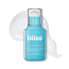 Bliss Hyaluronic Acid Drench bottle close-up showing gel texture for deep hydration.
