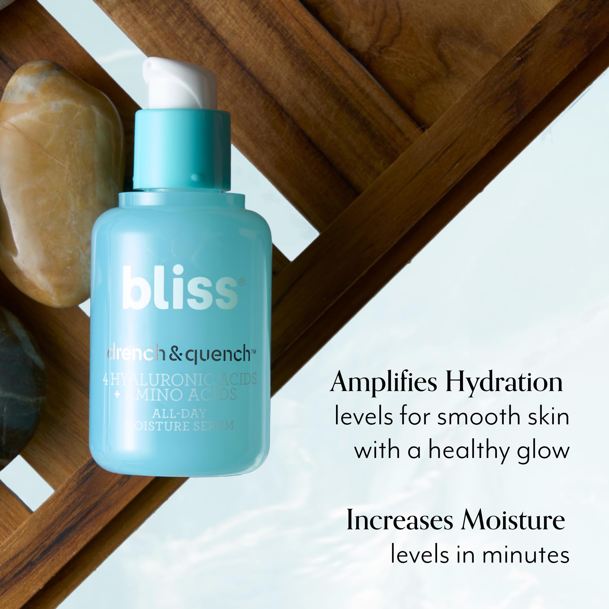 Bliss Hyaluronic Acid Drench gel texture close-up, lightweight and fragrance-free.