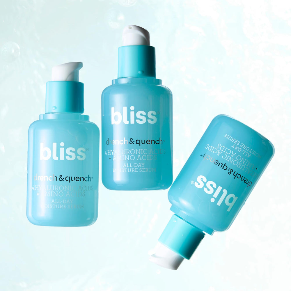 User applying Bliss serum to hydrated, radiant skin.