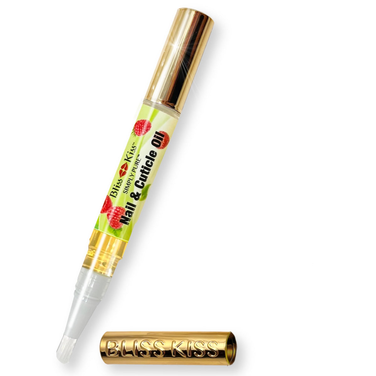 Bliss Kiss nail oil pen bottle close-up highlighting a fast-absorbing formula