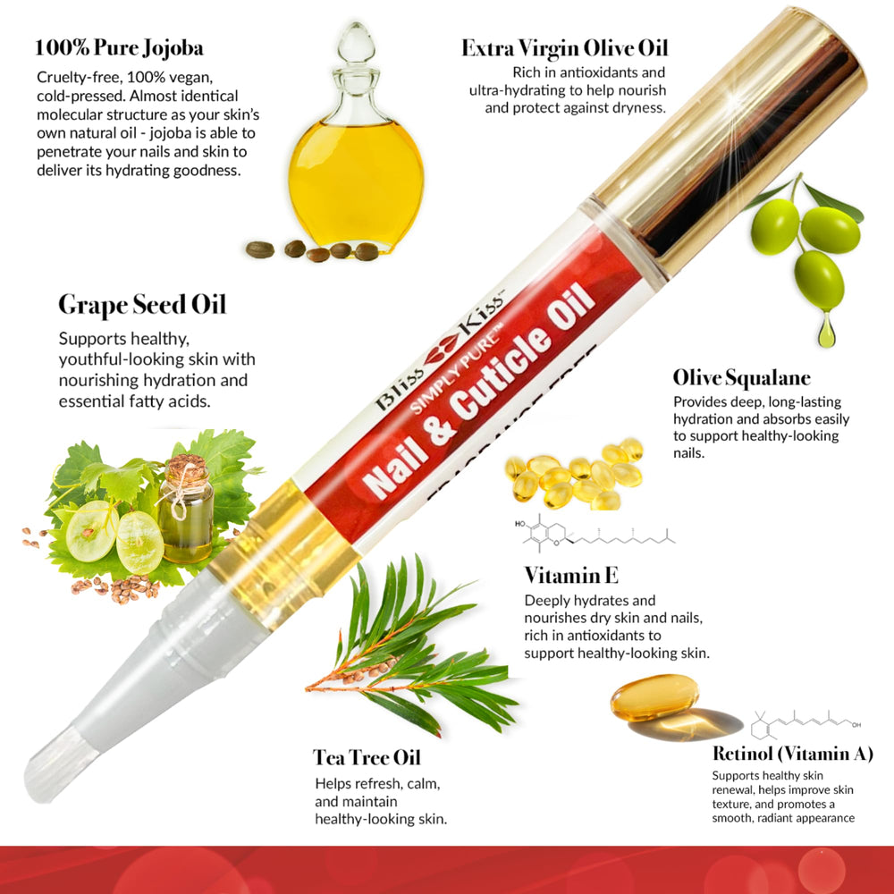 Bliss Kiss Simply Pure Nail Oil Pen soothing cuticle hydration action.