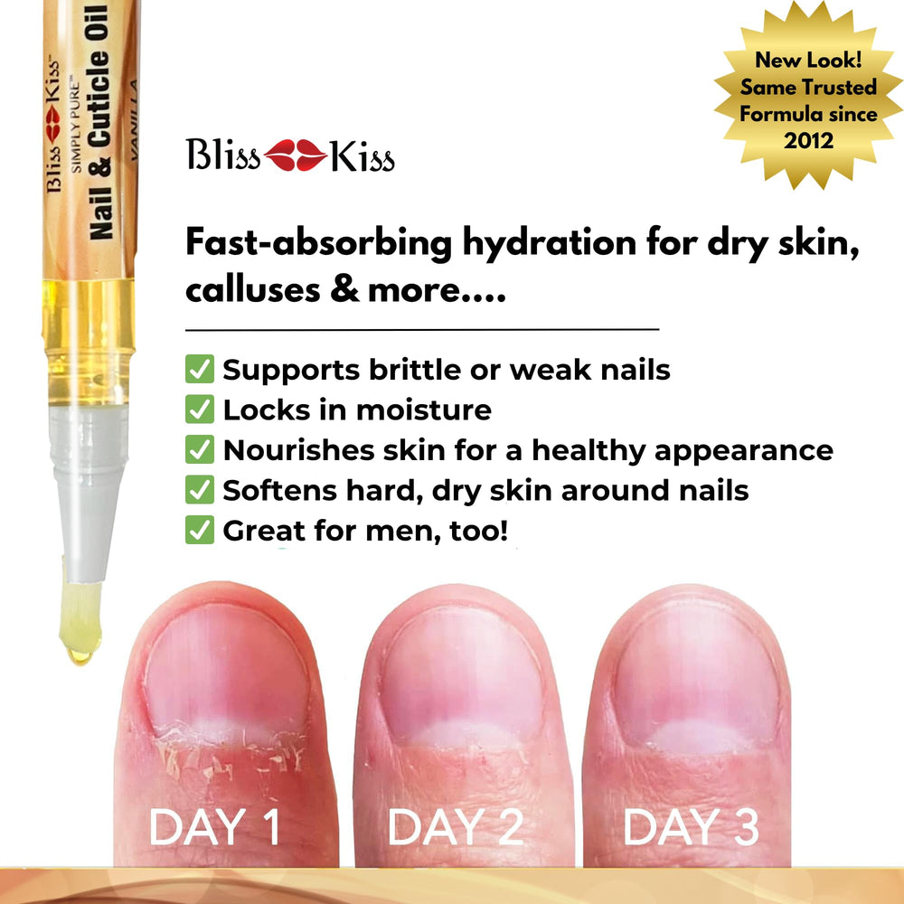 Bliss Kiss Simply Pure Nail Oil Pen vanilla nails on a manicure setup