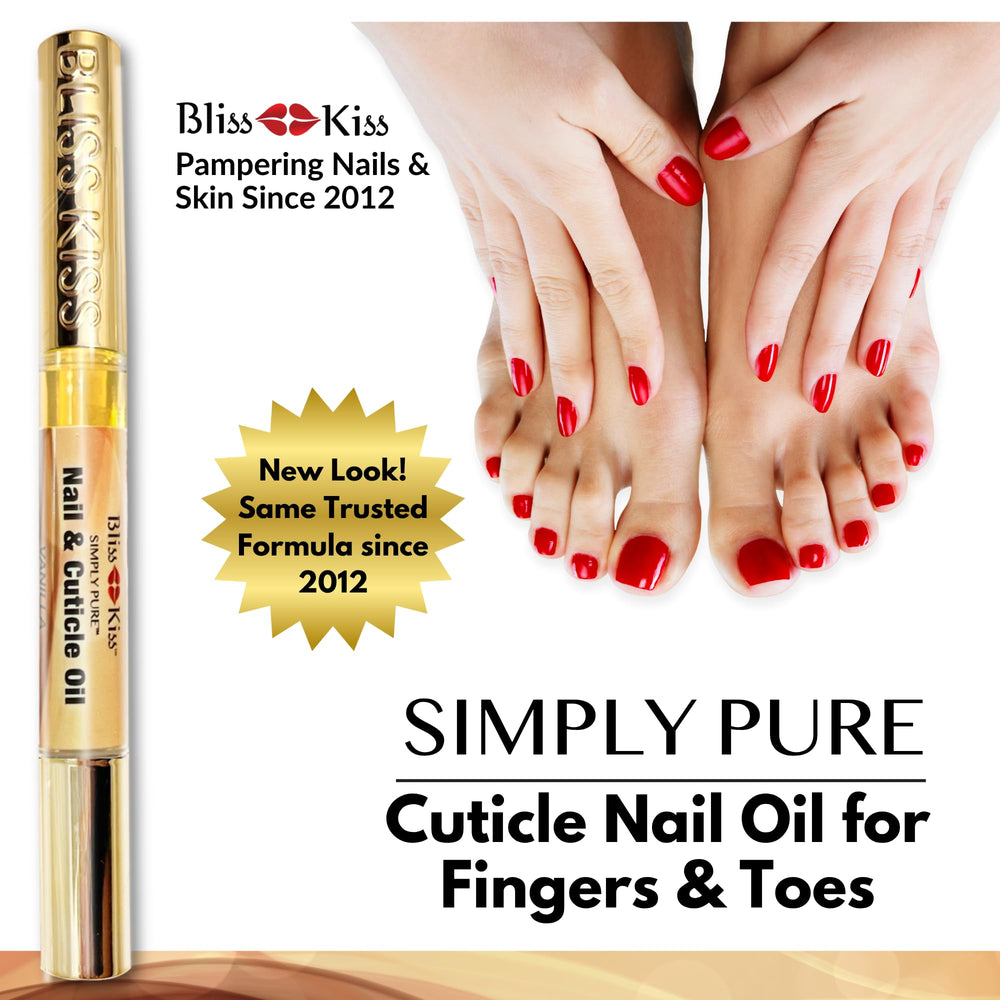 Bliss Kiss Simply Pure Nail Oil Pen vanilla pack four on table