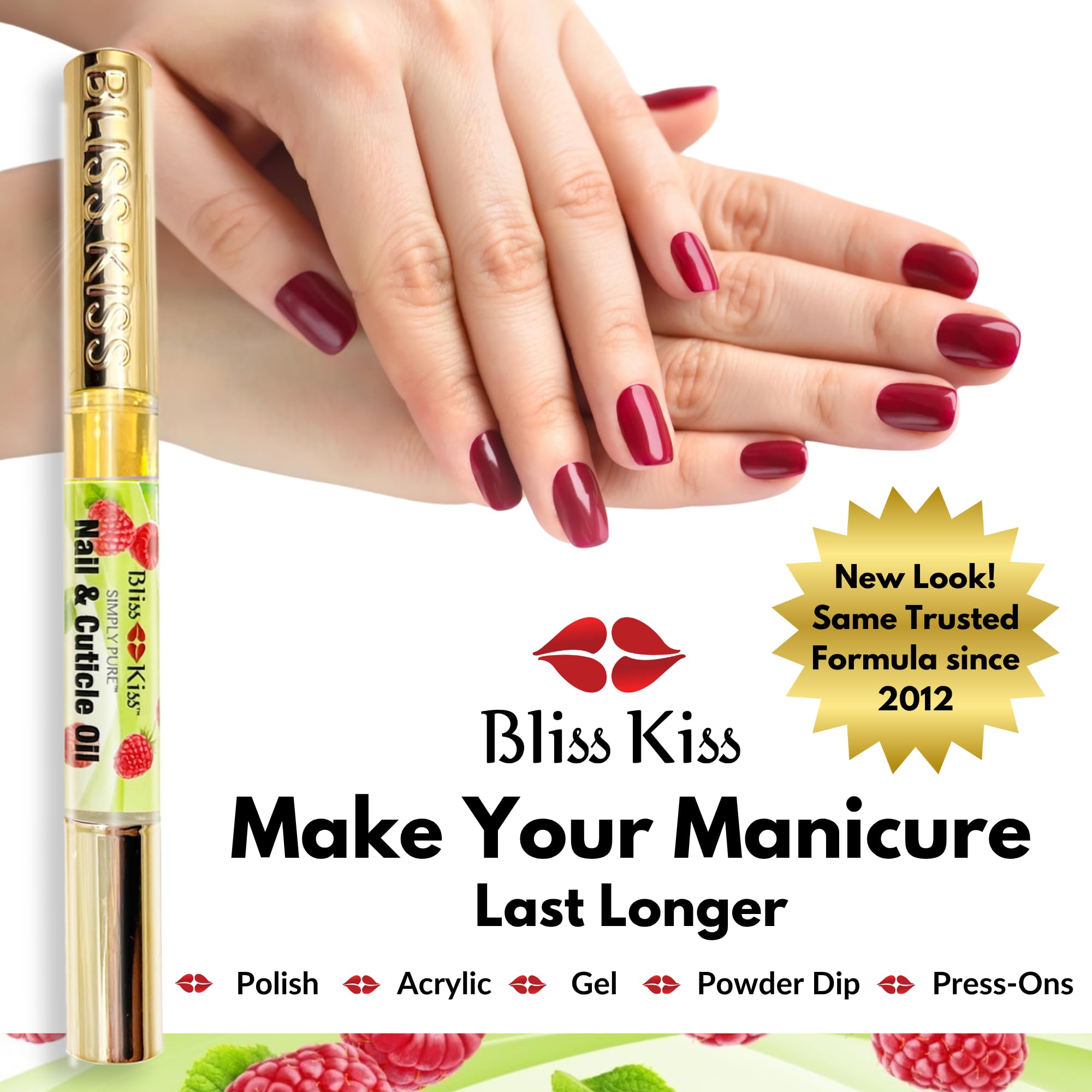 Bliss Kiss travel-size pen beside compact pouch for on-the-go care
