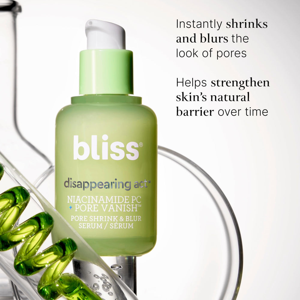 Bliss Niacinamide Green Tea extract vial highlighting antioxidant protection.