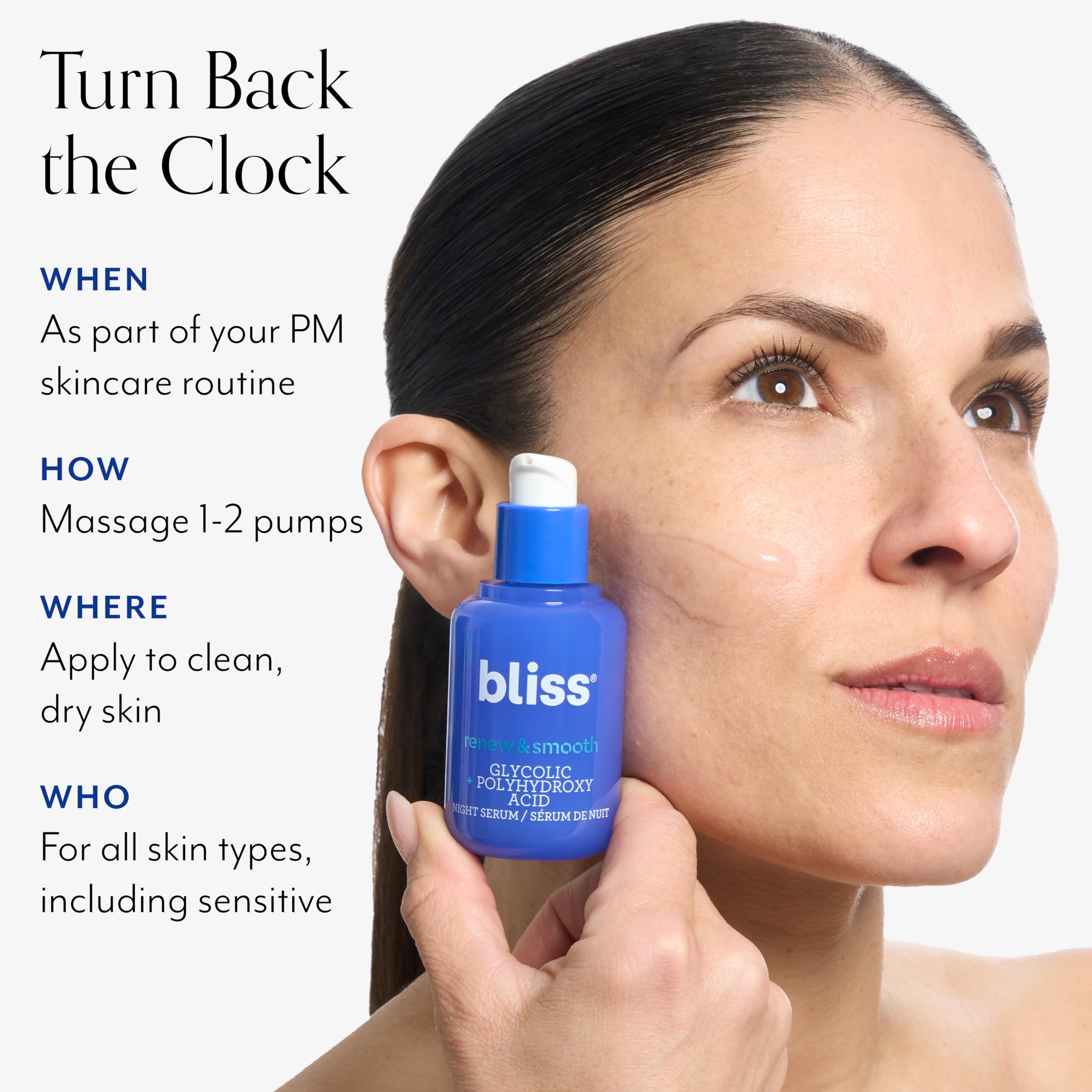 Night routine steps showing Bliss serum layering with moisturizer.