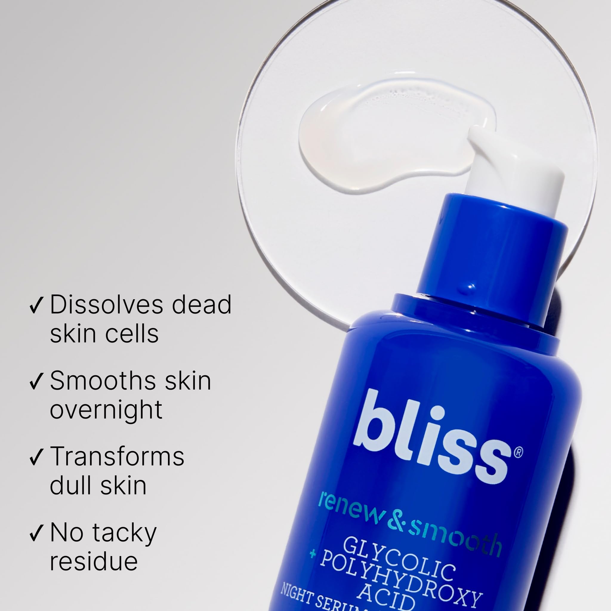 Close-up of Bliss Night Serum pump applying on clean skin.