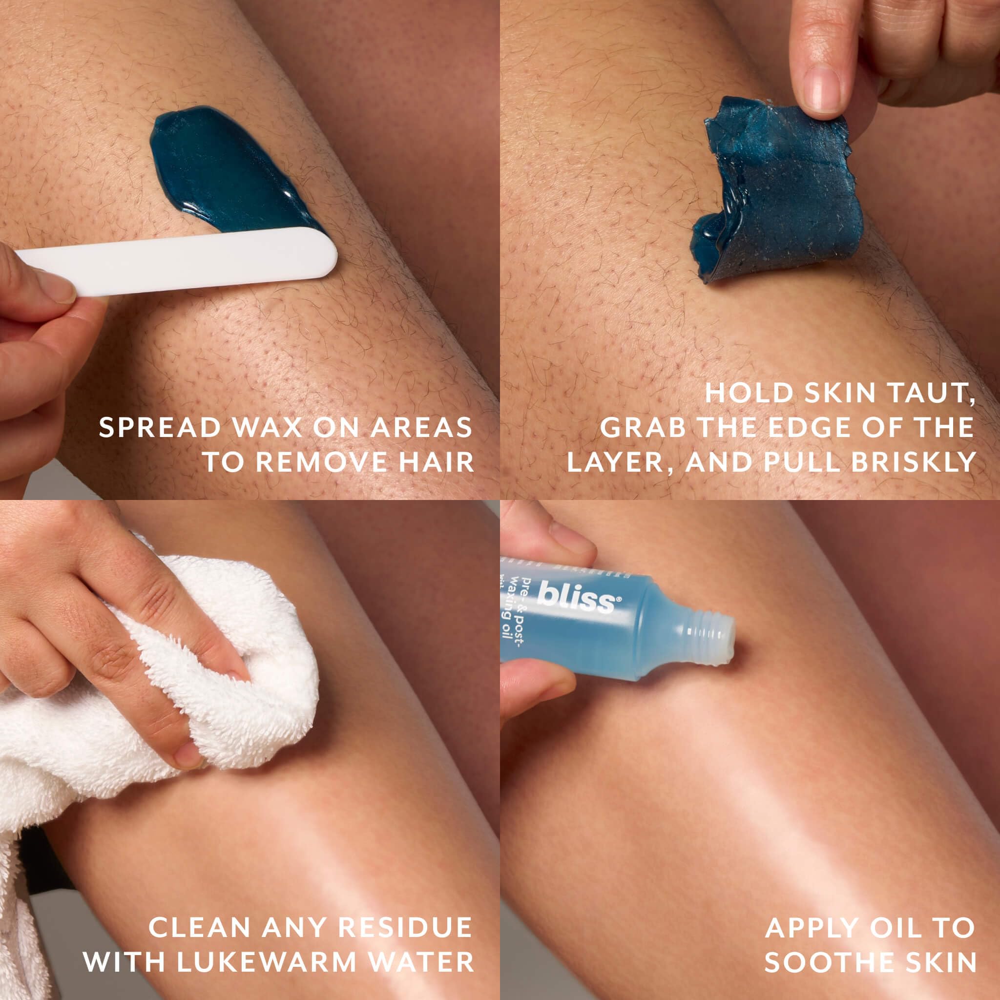 Bliss Poetic Waxing Kit blue formula showcases clean, mess-free hair removal