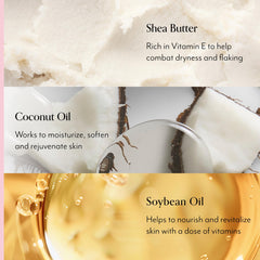 Bliss formula highlights shea butter and vitamin E for skin nourishment.
