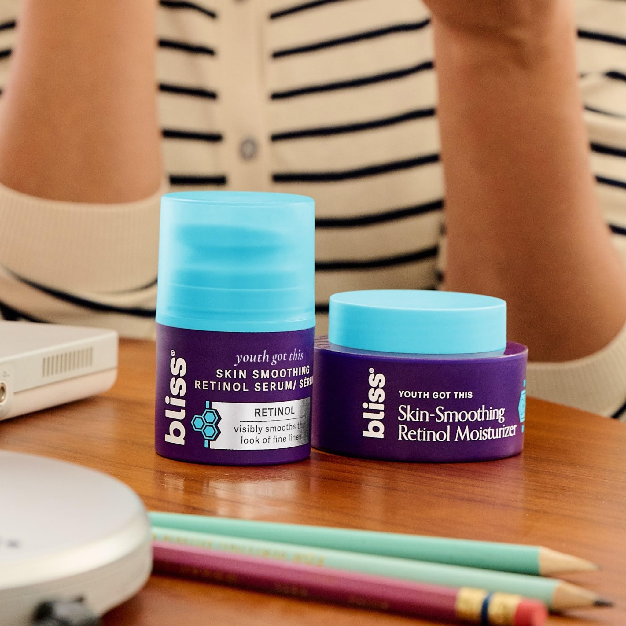 Bliss skincare routine setup with serum and SPF for morning ritual.