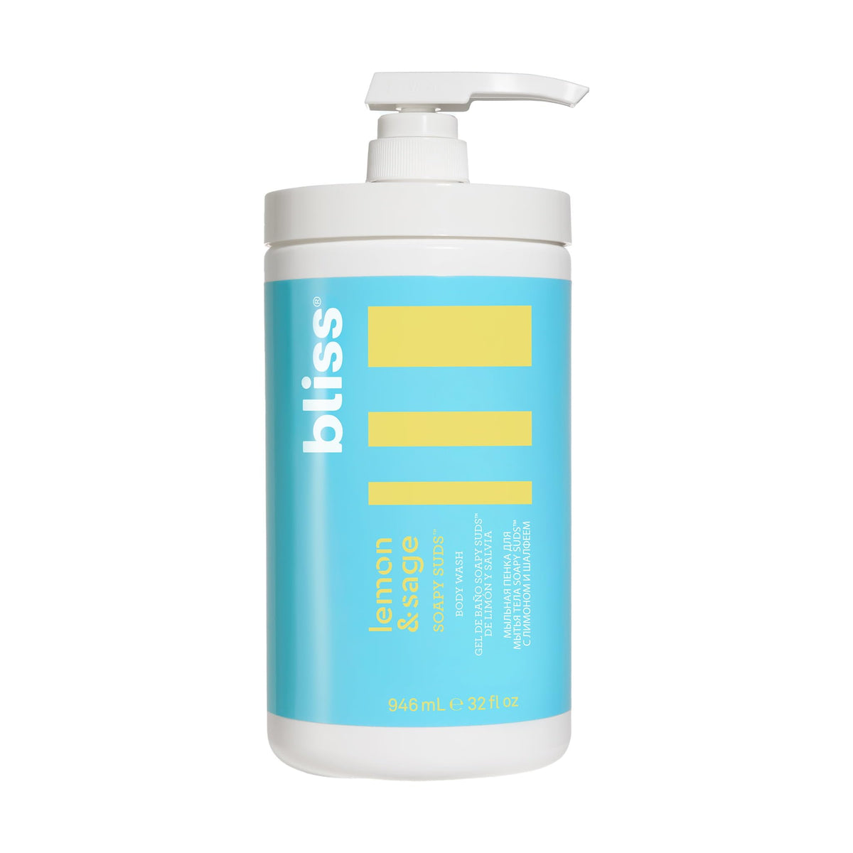 Bliss Soapy Suds Body Wash bottle with Lemon & Sage for a refreshing shower.