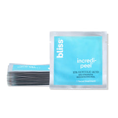 Bliss That's Incredi-Peel packaging shows travel-friendly glycolic pads for on-the-go skincare.