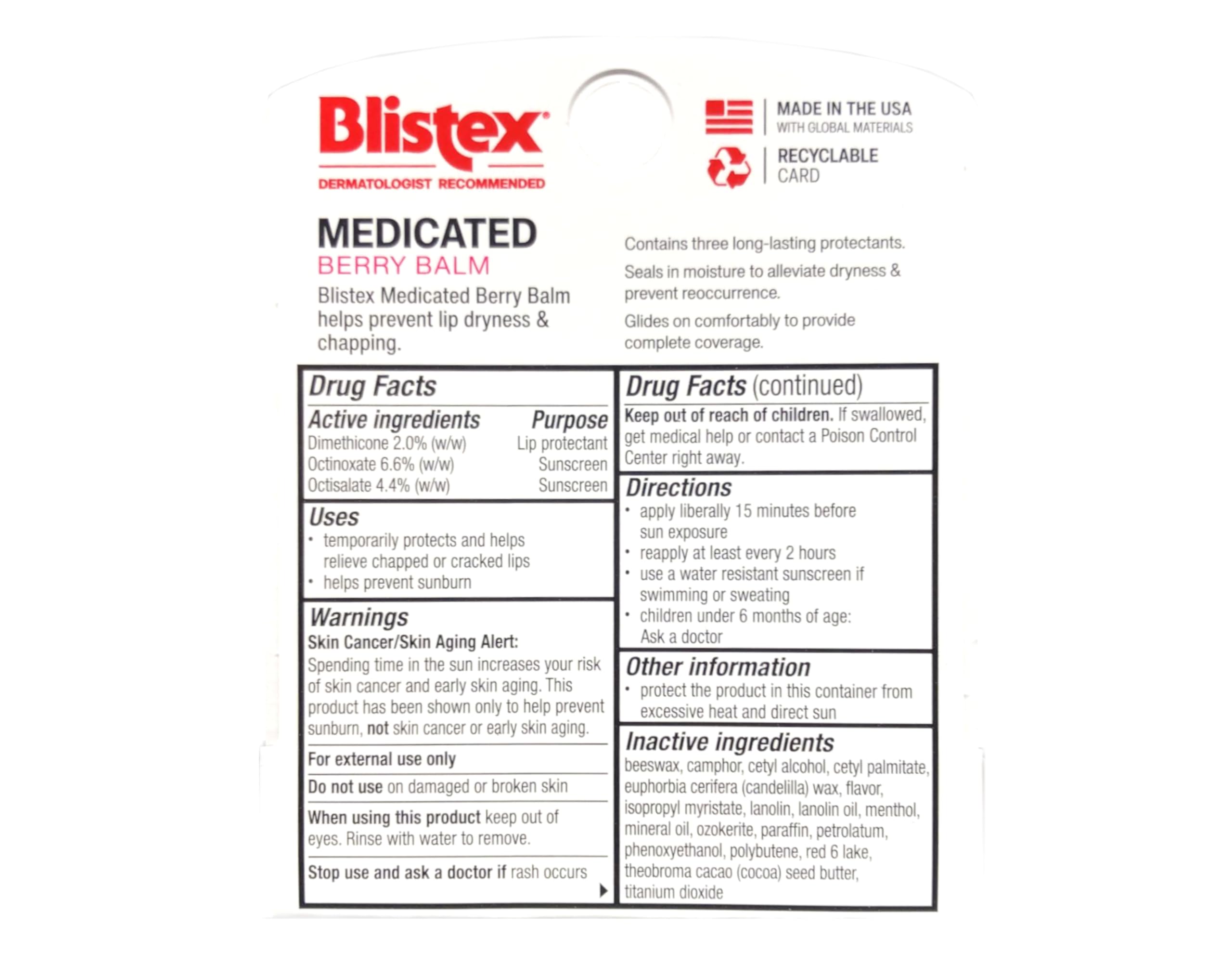 Blistex balsamo labial medicado de bayas, detalle del envase, formula suave para labios irritados.
