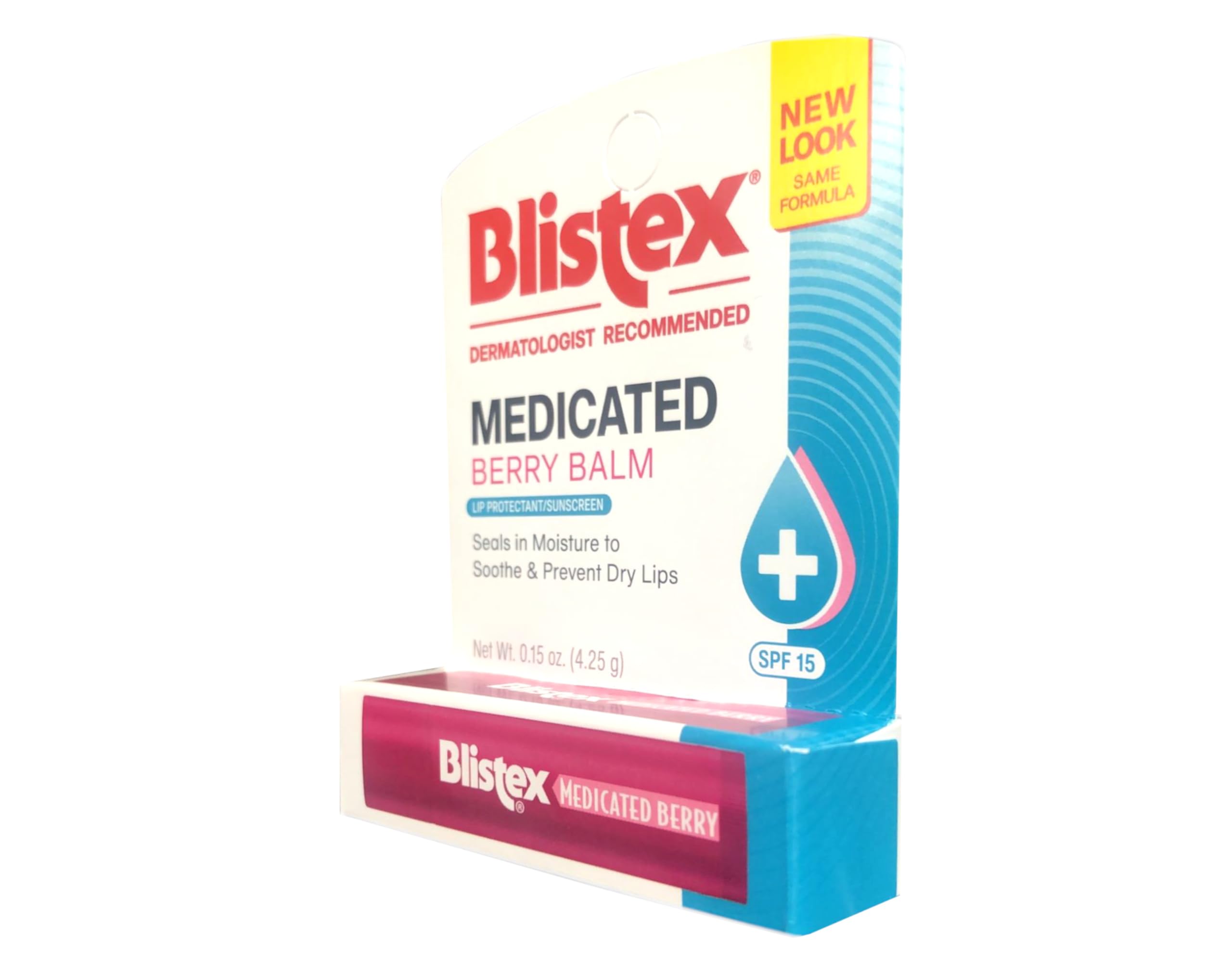 Blistex balsamo labial medicado de bayas, etiqueta SPF 15, proteccion solar para uso diario.