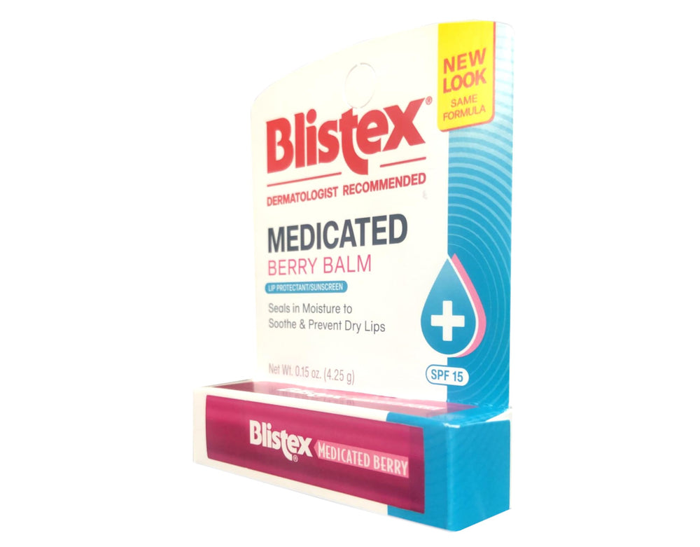Blistex balsamo labial medicado de bayas, etiqueta SPF 15, proteccion solar para uso diario.