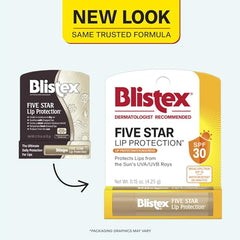 Closeup of Blistex Five Star Lip Protection SPF 30 application showing even coverage
