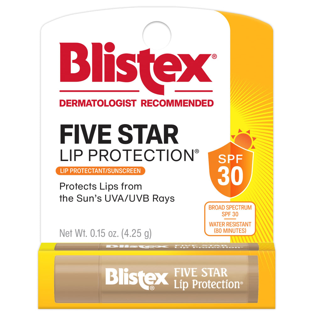 Blistex Five Star Lip Protection SPF 30 packaging front highlighting sun defense for outdoor days