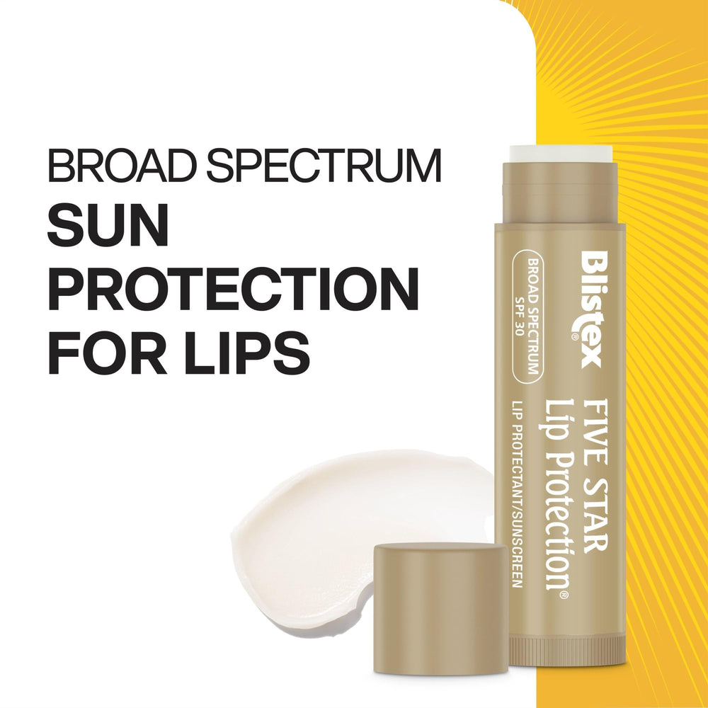 Blistex Five Star Lip Protection SPF 30 tube with SPF label signaling UVA/UVB guard